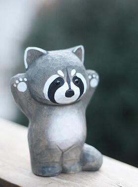 鹿妖商店 浣熊 纯手工木雕摆件 干 干脆面实木动物桌面摆件 创意
