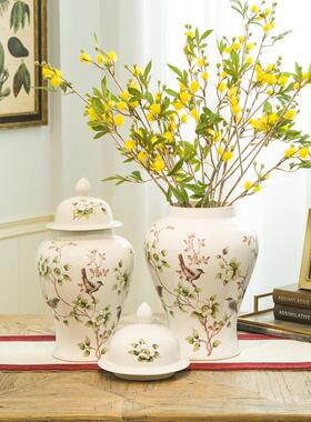 将军罐陶瓷摆件现代简约插花花瓶白色花鸟室内装饰工艺品陶瓷摆件