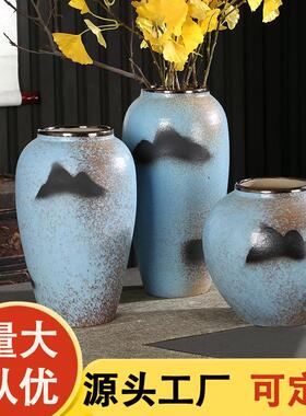 景德镇陶瓷花瓶复古蓝山水画新中式台面花盆客厅桌面插花花盆摆件