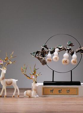 新中式装办品公室桌BLY面工饰艺轻奢玄关客厅葫芦摆件鹿乔迁