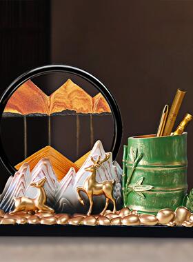 创意办公室桌面节节高升竹子笔筒高档办公桌书桌福鹿流沙画摆件