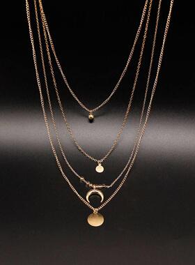 Women Layered Necklace Gold Beaded Horn Choker Chain Pendant
