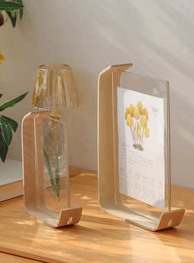 简约桌面摆件亚克力实木相框摆台原木色客厅办公室创意装饰品定制