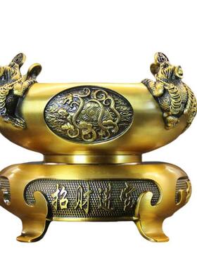 黄铜金蟾聚宝盆摆件四方来米聚宝盆四大神兽可旋转家居工艺品