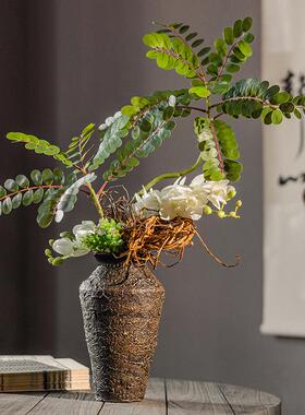 红陶花瓶绿植花盆纹理插花原生态艺术手作陶器粗陶土室内装饰摆件