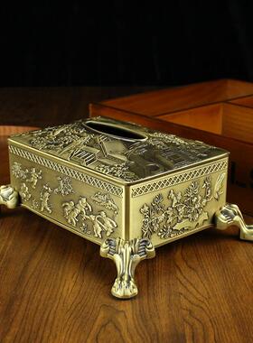 纯铜餐巾纸盒铜艺铜器家居客厅桌面复古黄铜山水楼阁抽纸盒摆件