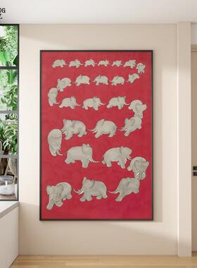 中古风客厅装饰画纯手绘吉象如意油画红色沙发高级感壁画玄关挂画