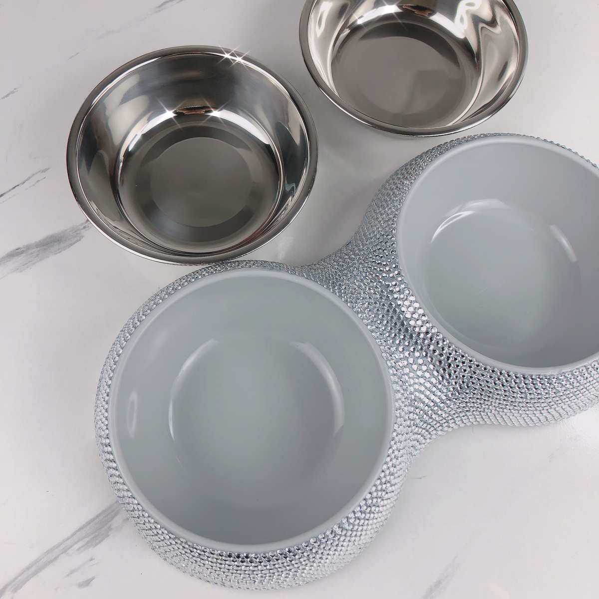 不锈钢折叠可拆卸双层宠物食盆镶钻宠物碗猫碗狗碗贴水钻白色双碗,淘宝优惠券,粉丝福利购,淘宝优惠卷