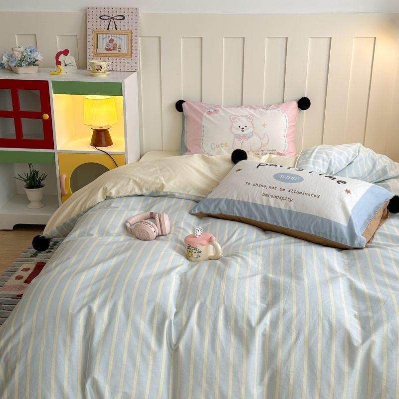 条纹彩色系全棉大版枕套毛球款四件套亲肤舒适床品春夏柔软套件,淘宝优惠券,粉丝福利购,淘宝优惠卷