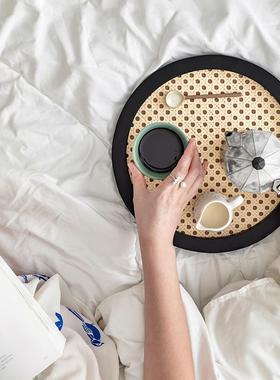 闻森家居藤编托盘日式简约茶盘摆件木质ins风摄影复古装饰收纳盘