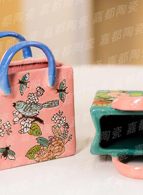 中式复古陶瓷花瓶手提包造型家居装饰摆件多色可选民族风创意