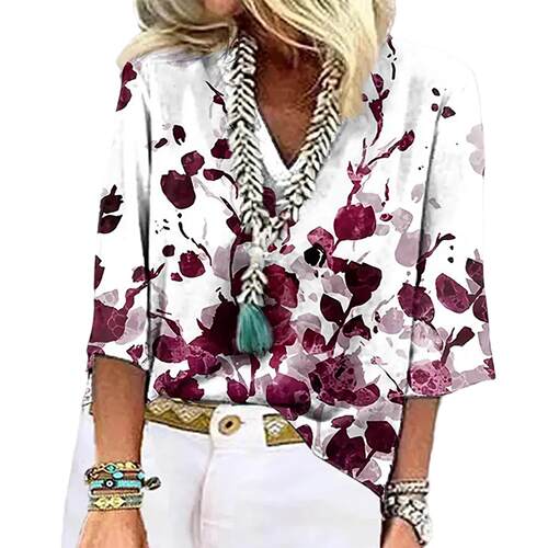 Women's printed collar pullover T-shirt with three quarter - 图3