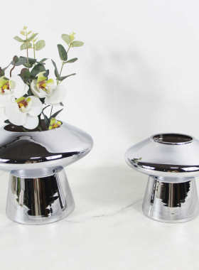 玻璃装饰品创意玄关器花瓶电镀现代餐桌银色蘑菇茶几客厅摆件插花