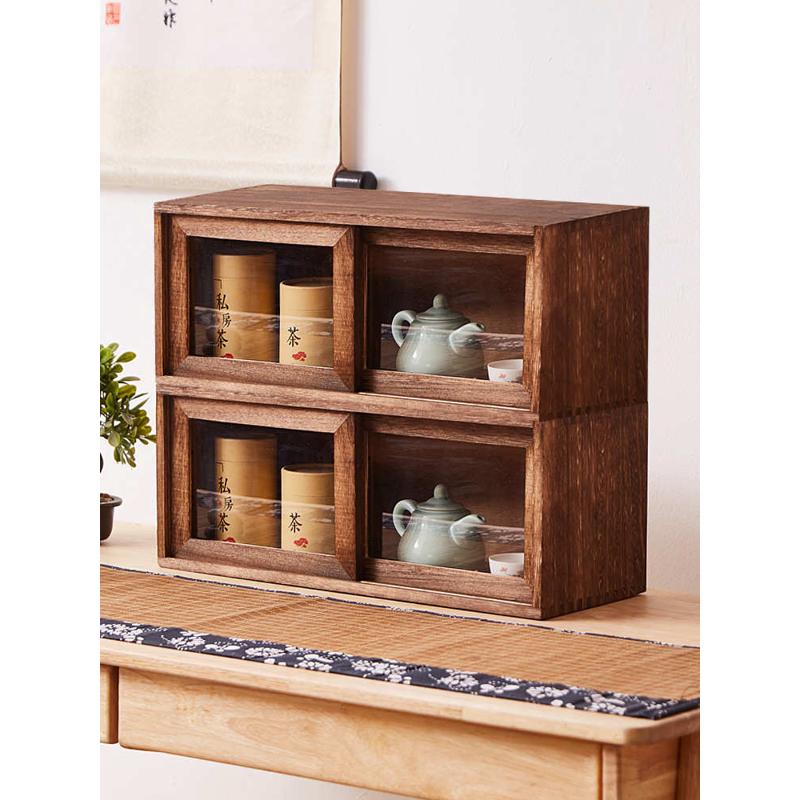 A947 solid wood tea set storage box desktop storage rack storage cabinet sliding door tea cabinet dustproof sliding door tea cup storage cup storage