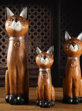 泰国手工艺品木制可爱灵猫东南亚风格桌面创意小猫装饰品客厅电视