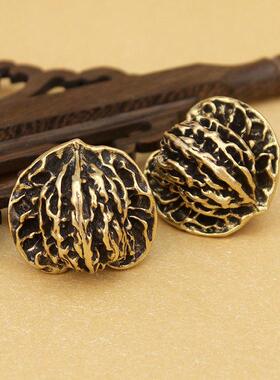 黄铜实心文玩古玩核桃手把件一对铜狮子头官帽核桃手把玩摆件握球