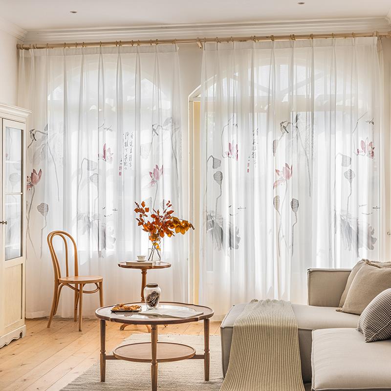 New Chinese style gauze mountain ink painting Chinese style tea room curtains and windows 2024 new living room partition gauze curtain finished product
