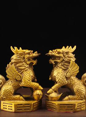 铜麒麟摆件公母一对踩八卦火麒麟化穿堂破财五黄二黑夫妻失和路冲