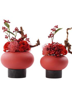 新中式样板房洽谈桌边几装饰品茶室玄关红色仿真花艺盆景喜庆摆件