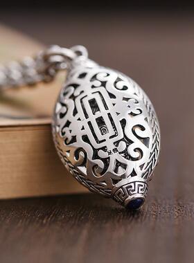 纯银招财转运六字真言项链绿松石九眼天珠吊坠男女士复古转动挂件