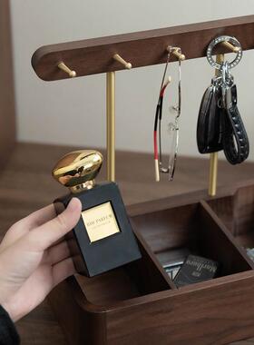 黑胡桃实木钥匙收纳玄关摆件门口进门轻奢高端带挂钩收纳盒置物架