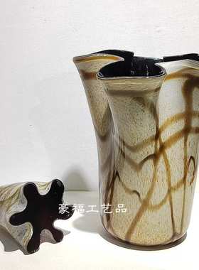 现代复古棕灰色条纹不规则琉璃花瓶样板间客厅玄关家居装饰品摆件