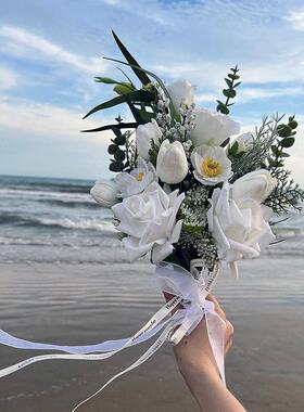 婚礼手捧花新娘结婚当天婚纱领证彷真郁金香求婚毕业花束拍照道具