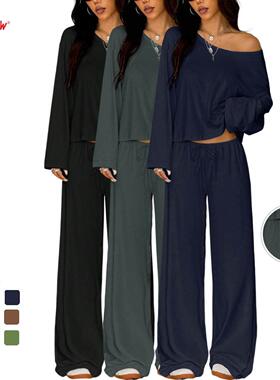 Women's Two-Piece Long Sleeve Top & Wide Leg Pants Set,