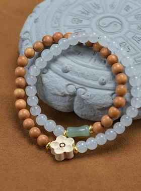 2026檀香玉石双圈手串女diy小众设计黄杨木花朵搭绿菩提手链佛珠