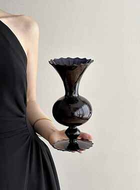 ins风高级感网红中古黑色花瓶玻璃插花玫瑰鲜花假花客厅餐桌摆件