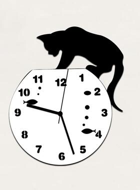 亚克力猫和鱼创意个性挂钟简约时尚客厅创意挂钟静音墙钟墙贴钟表