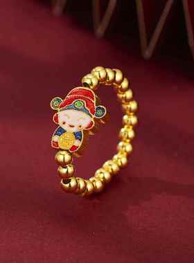 本命年s925纯银国潮珐琅弹力小财神戒指女工艺滴胶古法财神指环手