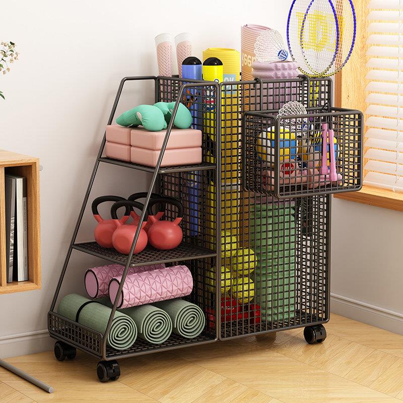 Yoga mat storage basket, sports and fitness equipment storage rack, iron trolley storage rack, badminton wheeled home