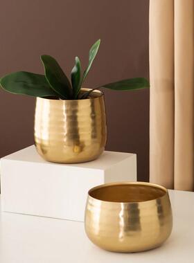 印度进口手工锤纹金色花盆现代轻奢客厅宽口落地花器样板房装饰品