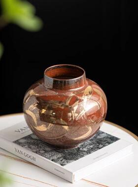 新中式复古霁红釉陶瓷花瓶宋代美学花器中古玄关客厅软装饰品摆件