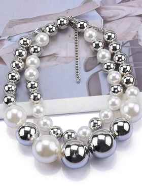 Silver white round pearl necklace with cool style, double
