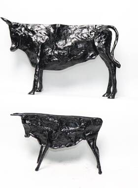 现代简约合金抽象铸铁牛雕塑摆件样板房新中式北欧客厅茶几复古创