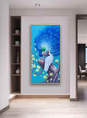 新中式手绘孔雀油画玄关装饰画客厅挂画美式过道竖版高端入户壁画