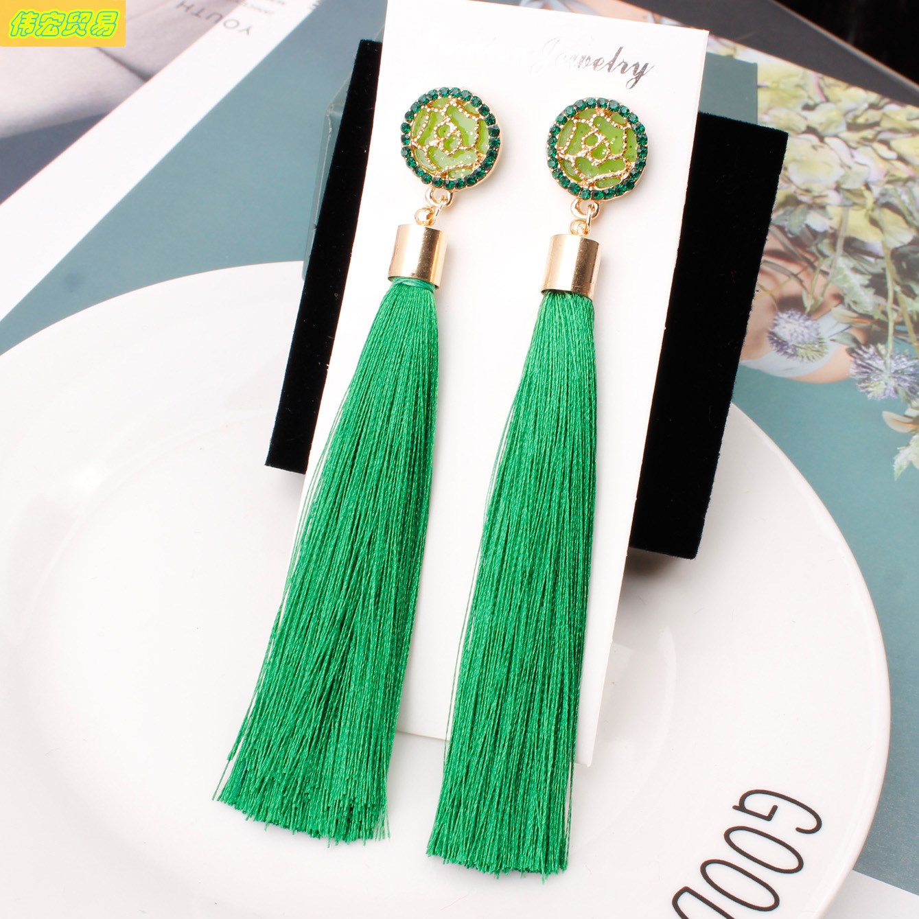 Fashion exaggerated long rose flower tassel earrings studs新 - 图1