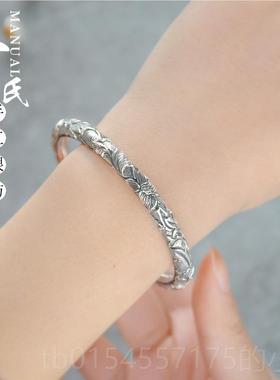 正品族风9银纯手工云南雪民花银圆柱满雕莲花银镯个9性女款纯银手