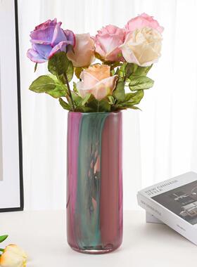 复古风搭百彩色直019筒纯手工玻摆璃花百瓶水养合插花器家居软装