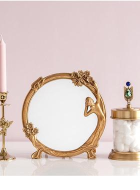 欧式宫廷复古侍女化妆镜梳妆台镜个性创意镜子摆件树脂工艺品