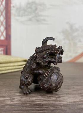 古玩杂项收藏摆件镀铜铜铸狮子舞狮居家桌面饰品复古包浆茶宠摆饰