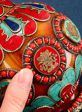 尼泊尔树脂手工镶嵌红蓝宝珠桌面八吉祥摆件米盒用品宝瓶