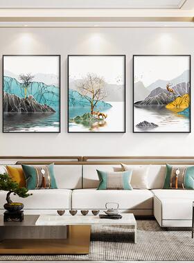 客厅装饰画水墨禅意山水画新中式沙发背景墙挂画现代简约三联壁画