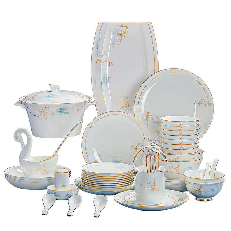 碗碟套装家用轻奢现代简约景德镇金边骨瓷餐具陶瓷碗盘乔迁礼品,淘宝优惠券,粉丝福利购,淘宝优惠卷