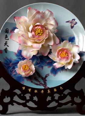 新款12寸烤洛阳牡丹瓷盘花挂盘摆件招礼品陶瓷居装饰品花家花开富