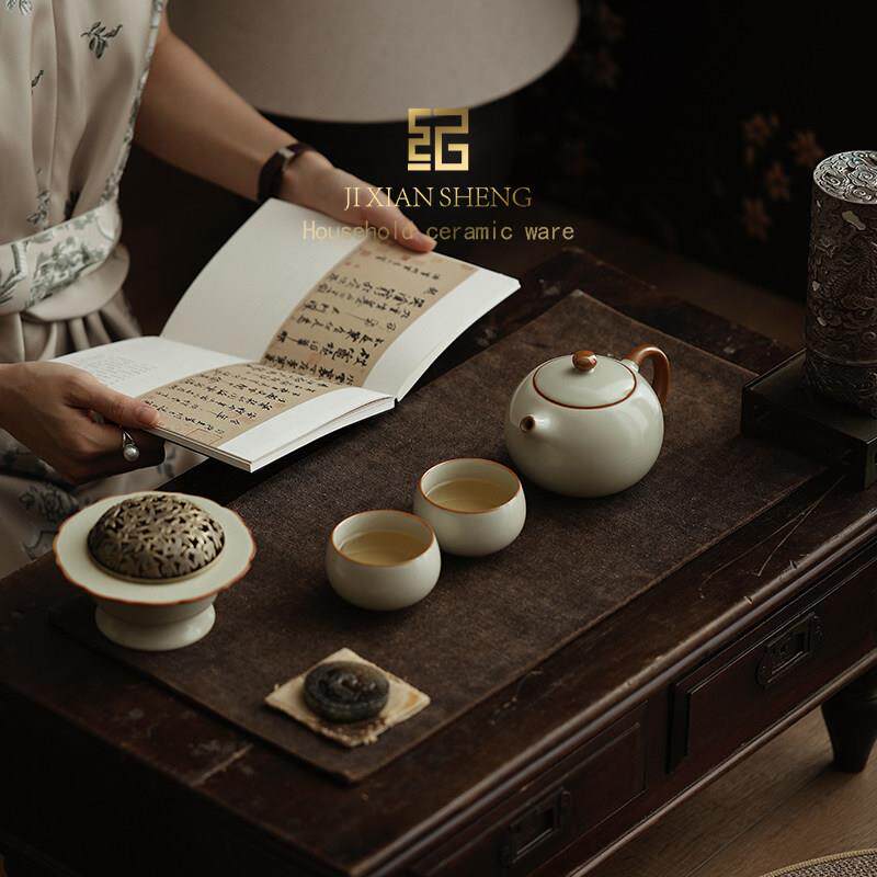 Beige Ru Kiln Xishi Kung Fu Tea Set One Pot and Two Cups as a Birthday Housewarming Gift for Elders, Teachers and Fathers