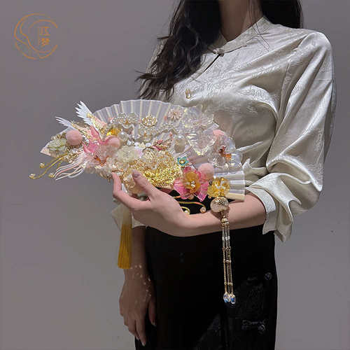 江梦喜扇新款手持新娘手捧花扇子出水芙蓉结婚出嫁团扇DIY材料包 - 图0