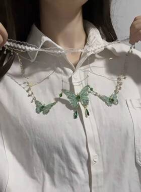 蕾丝绿色蝴蝶流苏项链仙气小众腿环女森系纯欲腿链性感辣妹身体链